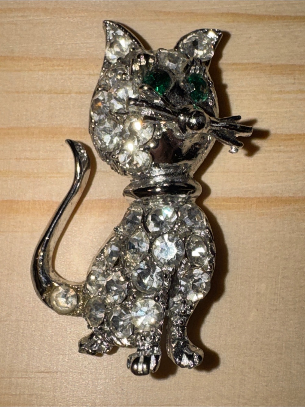 Vintage Crystal Cat Brooch - Silver with Green Eyes